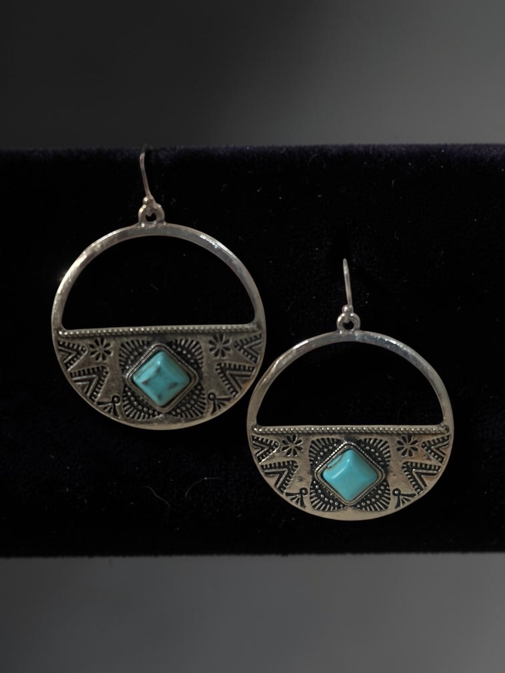Boho Silver Hoop Earrings with Turquoise Stone